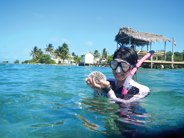 Junior Stephanie Zhao admires a West Indian sea egg, a species of sea urchin that inhabits seagrass beds near Middle Caye, an island inside Glover’s Reef Atoll. Photo courtesy of Scott Solomon