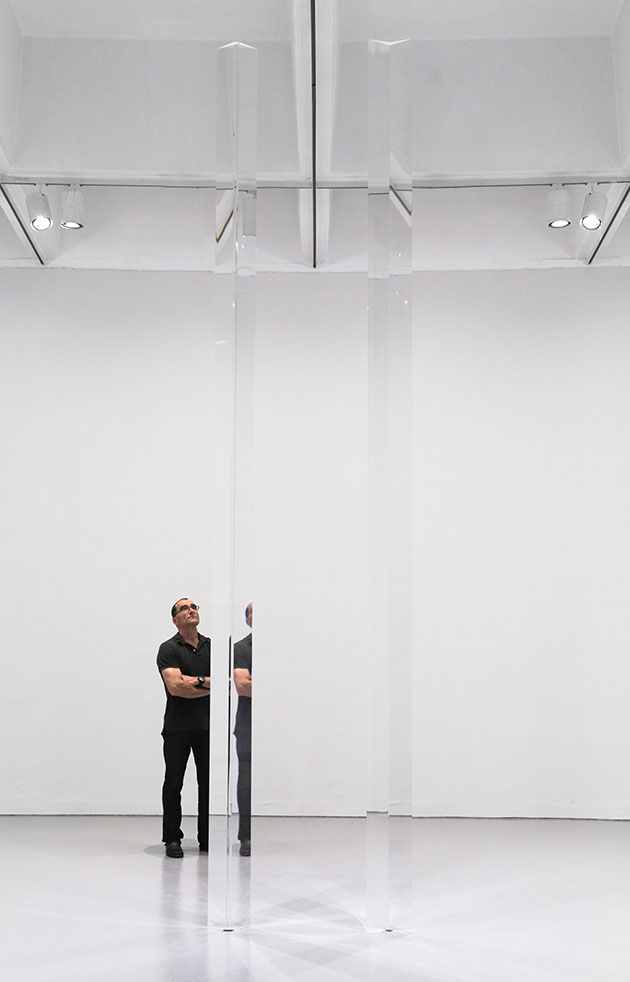 Robert Irwin, Installation view of Untitled (Acrylic Column), 1969–2011, and Untitled (Acrylic Column), 1969–2011, in Robert Irwin: All the Rules Will Change at the Hirshhorn Museum and Sculpture Garden, 2016. Artwork © 2016 Robert Irwin