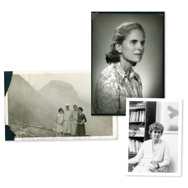 Clockwise from top: Brown, pictured in 1971, when she won the Brown Prize for Excellence in Teaching; in her office in 1983; and posing with her sister and the daughters of Rice Dean Robert Caldwell in Grenoble (second from left). Photos courtesy of Woodson Research Center