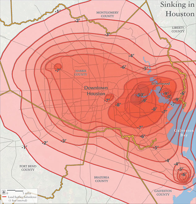 The book includes this chart of Houston’s “land surface subsidence” — or sinking — between 1906 and 2000. Some areas have dropped by as much as 10 feet.