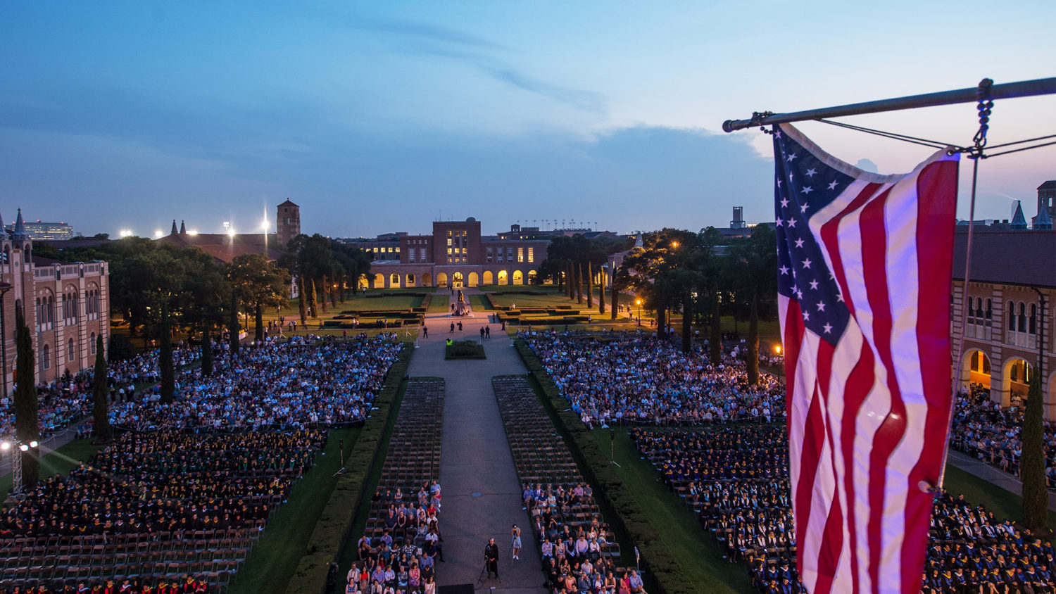 Rice campus at night during commencement